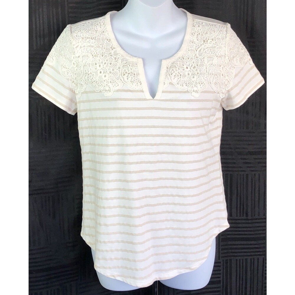 Liz Claiborne top S ivory/tan stripe lace trim short sleeve tee cottage preppy
